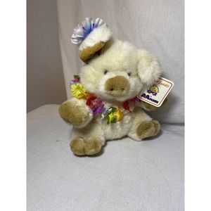 A & A Pig Plush Soft Cuddly Hawaiian Necklace Leis Lovey Tan Brown Curly Tail